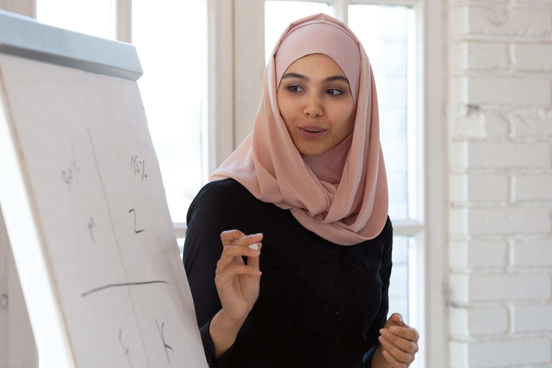 Arabic businesswoman in hijab using flipchart makes presentation for staff